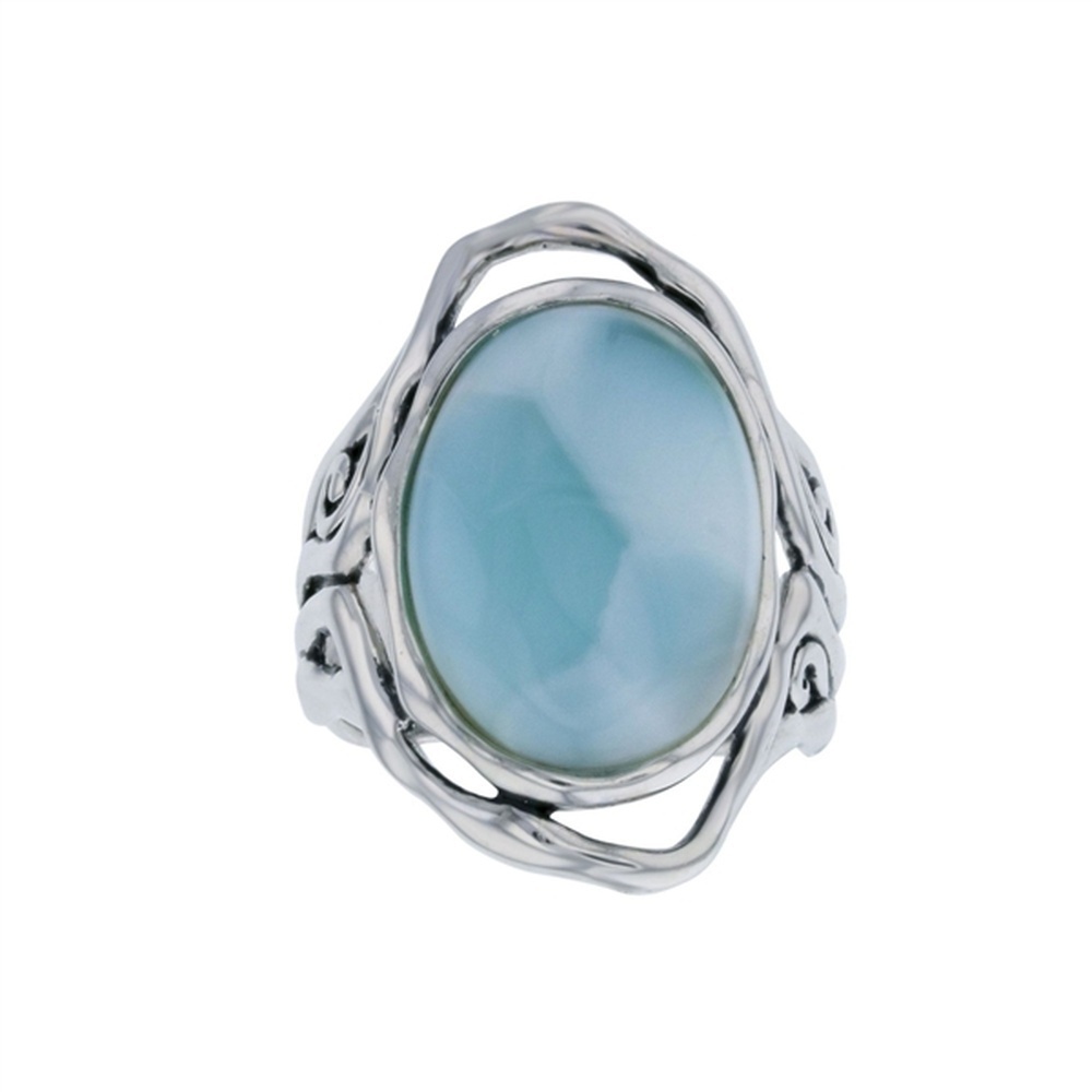 925 Sterling Silver Larimar Oval Shape on Wavy Frame Ring 8.5 gm